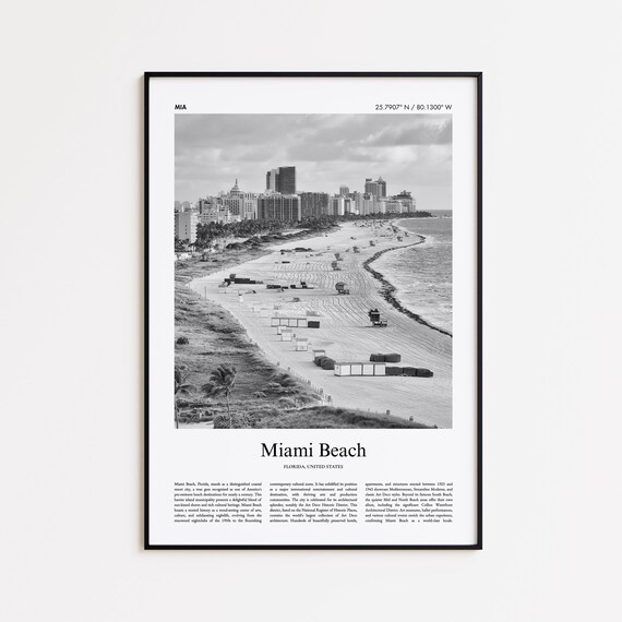 Miami Beach Florida Black and White Aerial Beach Photo Poster
