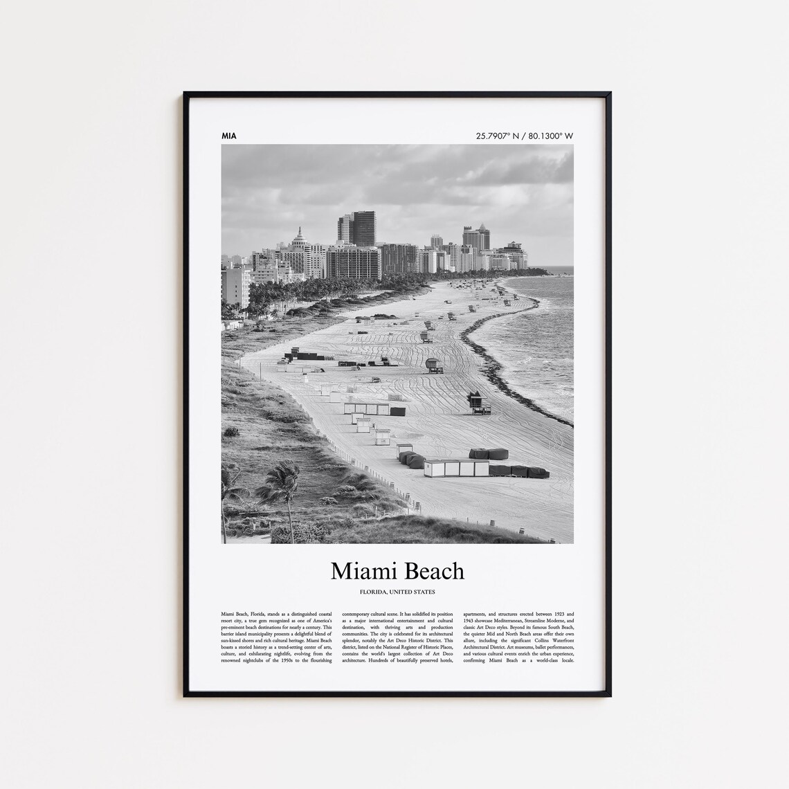 Miami Beach Florida Black and White Aerial Beach Photo Poster