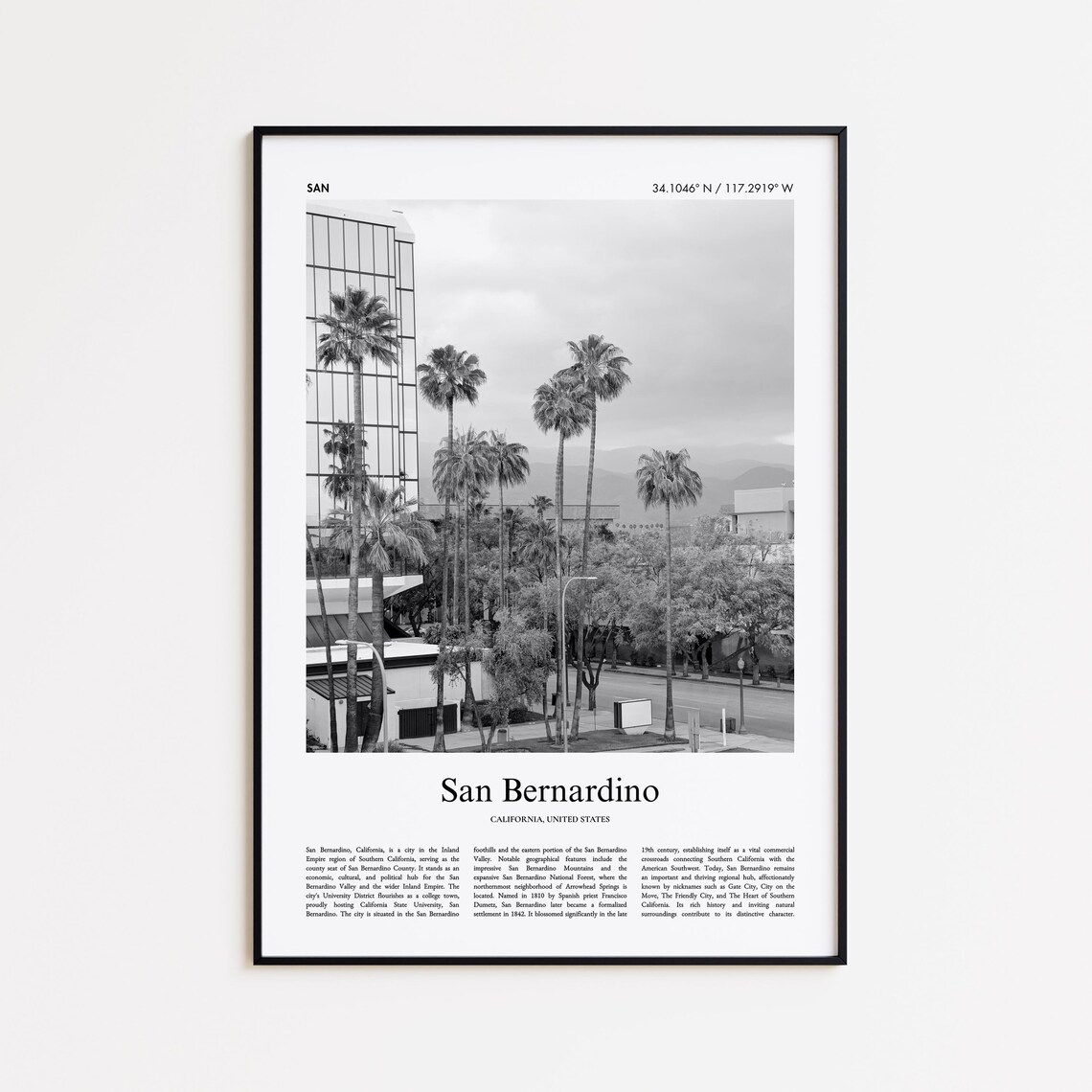 San Bernardino California Black and White Palms City Travel Poster