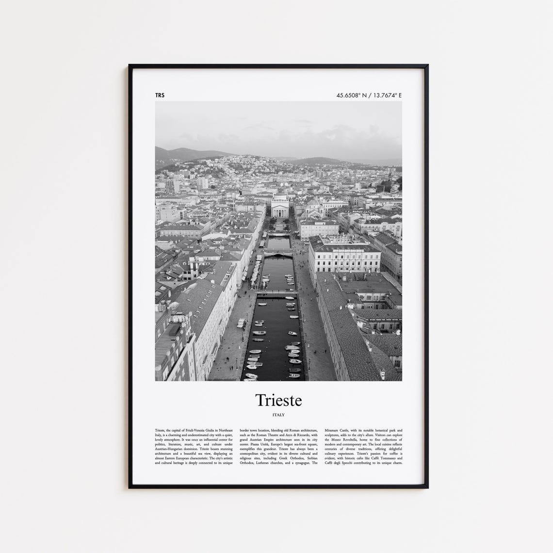 Trieste Italy Black and White Harbor Canal Photography Poster