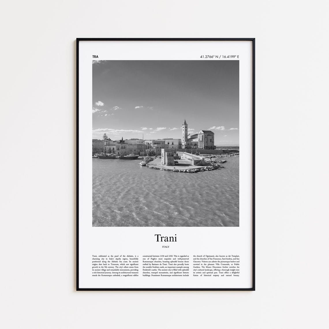 Trani Harbor Cathedral Black White Apulia Italy Photo Poster