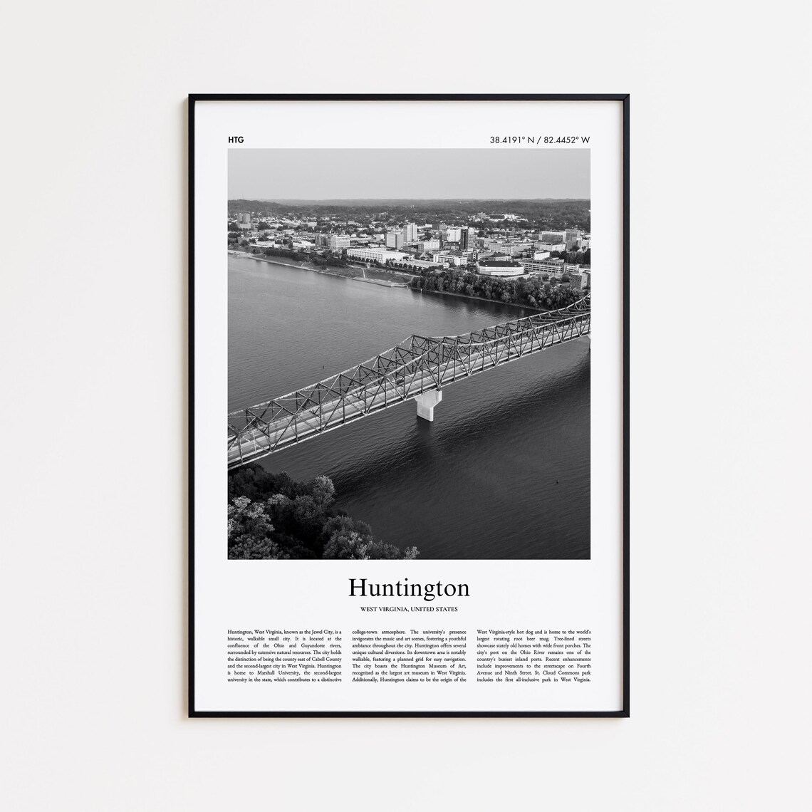 Huntington West Virginia Black And White Bridge River Photo Poster