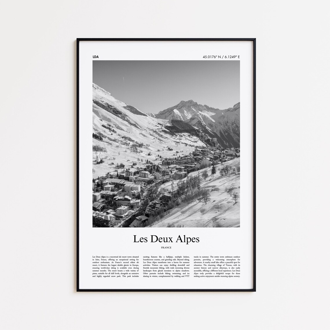 Les Deux Alpes Ski Resort Black And White France Winter Poster