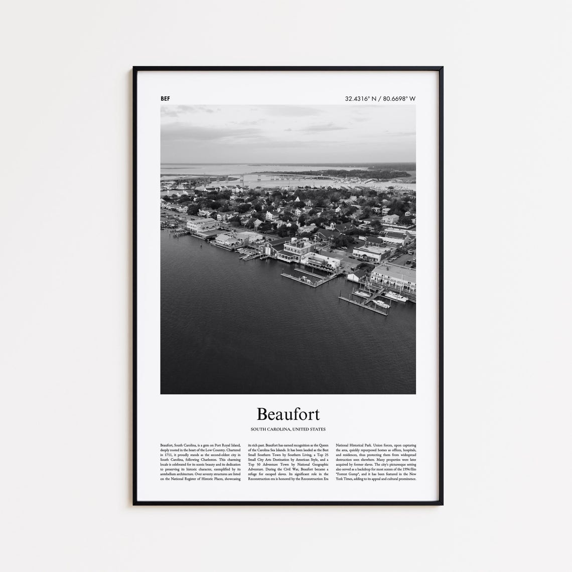 Beaufort South Carolina Black and White Waterfront Travel Poster