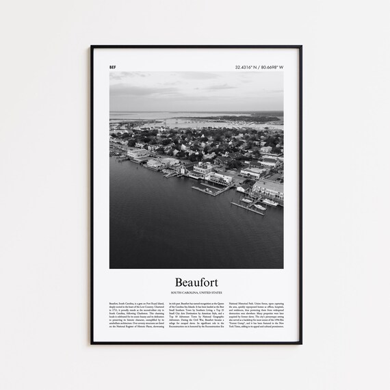 Beaufort South Carolina Black and White Waterfront Travel Poster