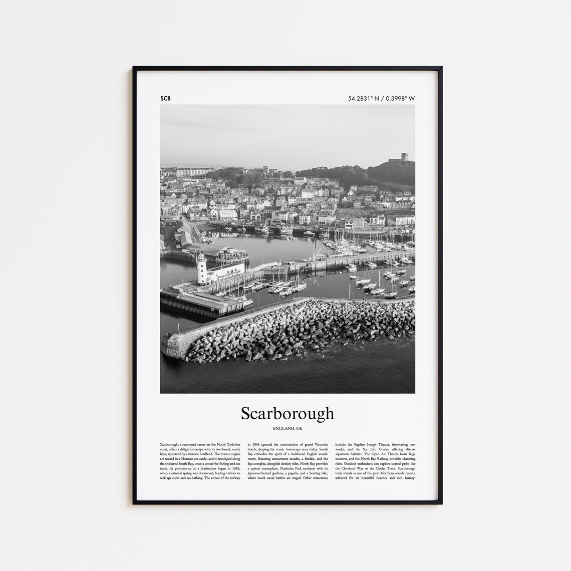 Scarborough England Harbor Marina Black White Photo Travel Poster