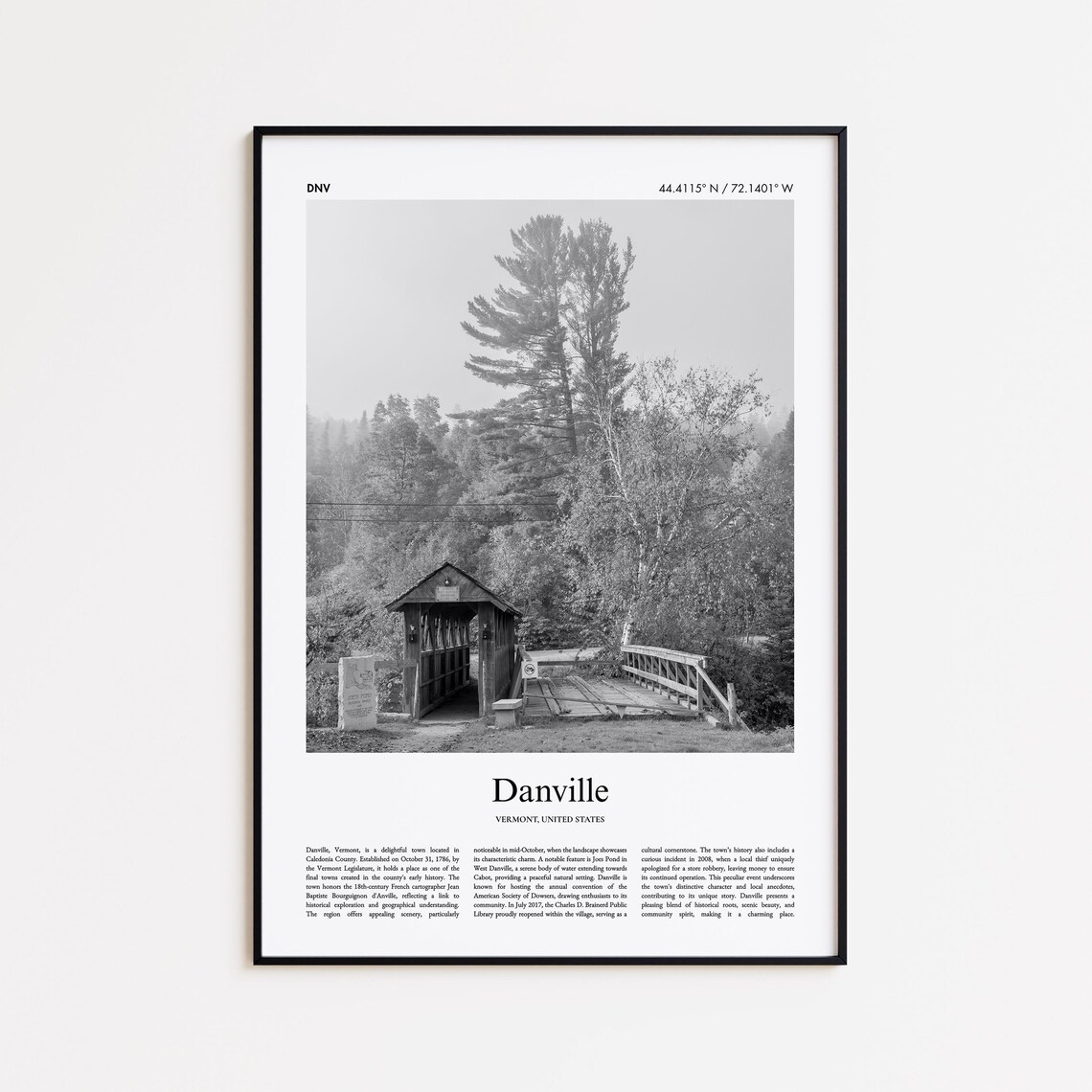 Danville Vermont Covered Bridge Black And White Travel Poster