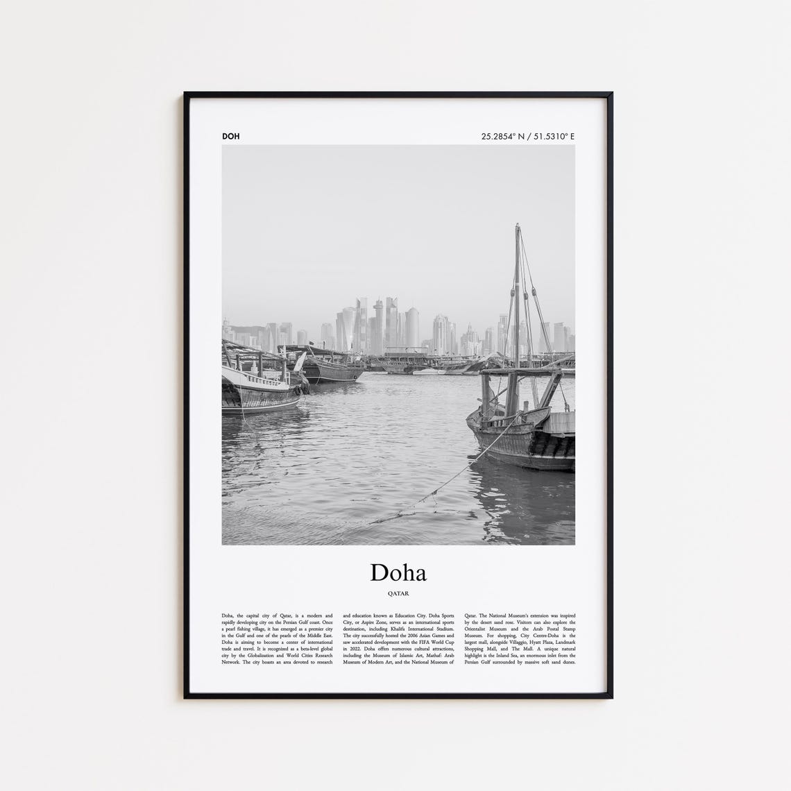 Doha Qatar Skyline Dhow Boats Black And White Travel Photo Poster