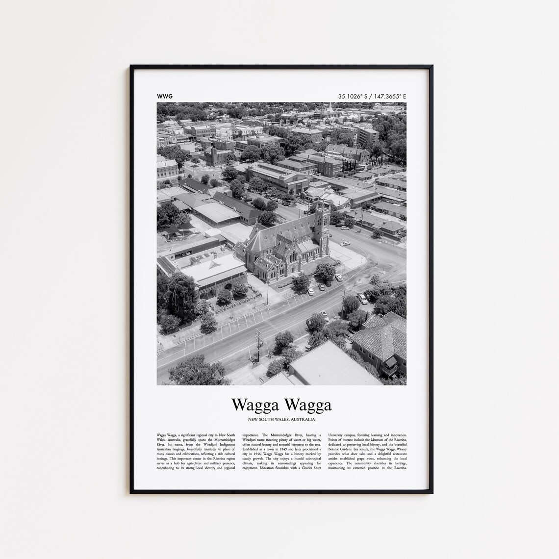 Wagga Wagga City Aerial Black and White Travel Photo Poster Australia