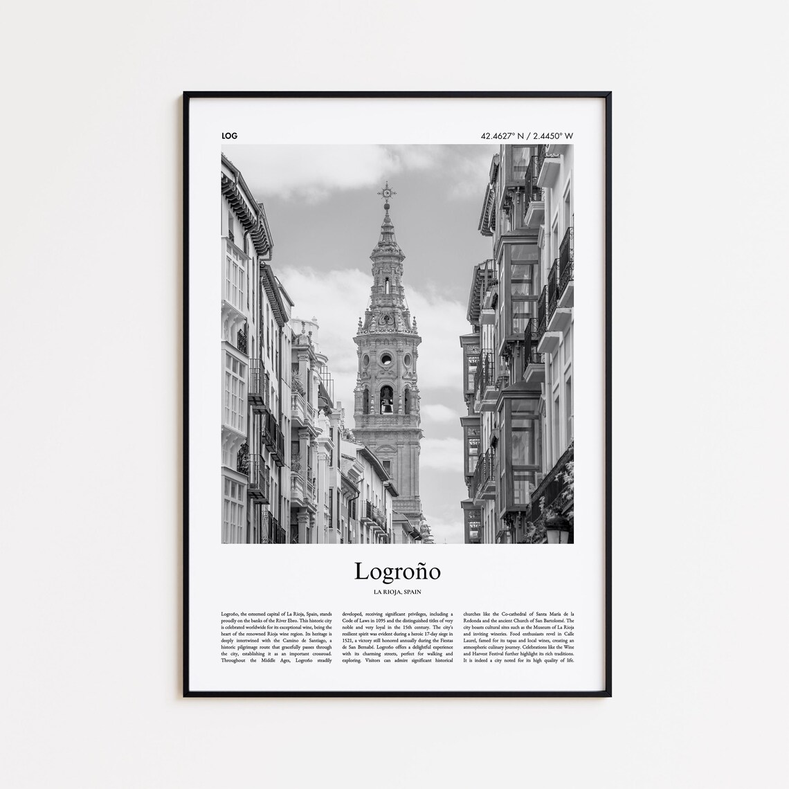 Logrono Spain Black and White Bell Tower Street Photo Poster