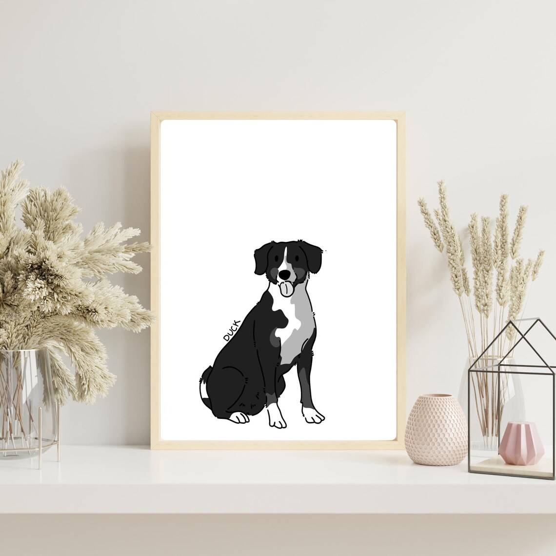 Duck Cartoon Dog Minimalist Black White Puppy Tongue Out Art Poster