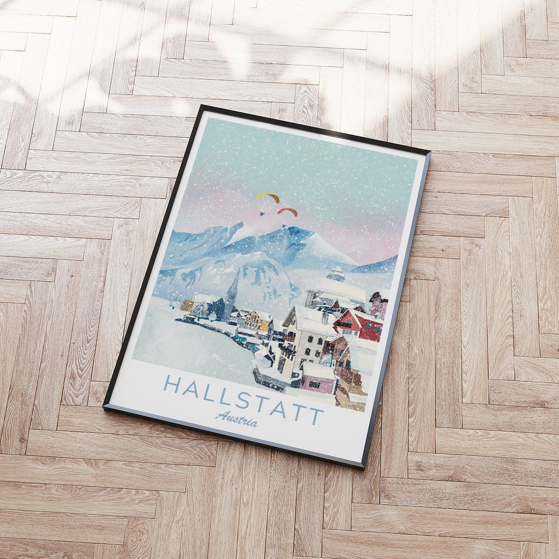Hallstatt Austria Winter Wonderland Snowy Village Paragliders Poster - Image 4