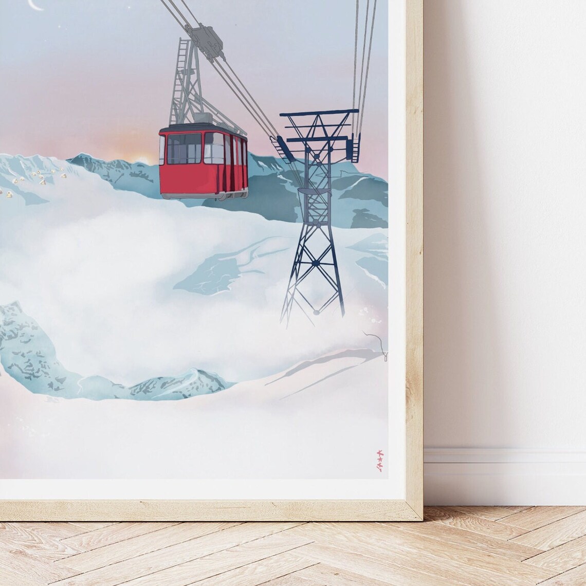 Red Cable Car Crossing Snowy Alps Sunset Mountain Travel Poster - Image 4