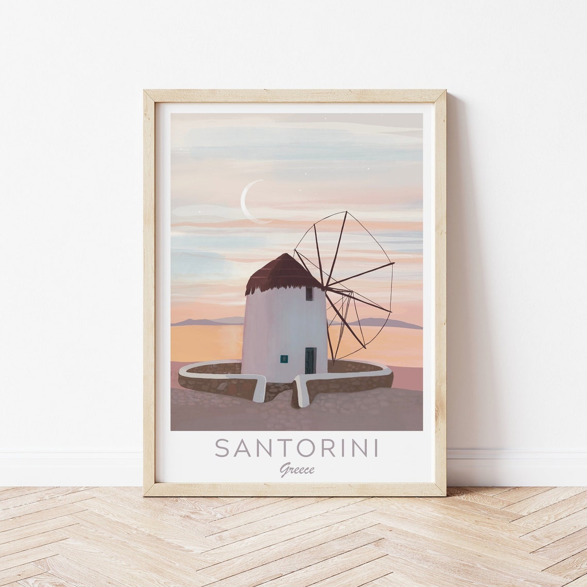 Santorini Greece White Windmill Sunset Crescent Moon Sea View Poster - Image 3