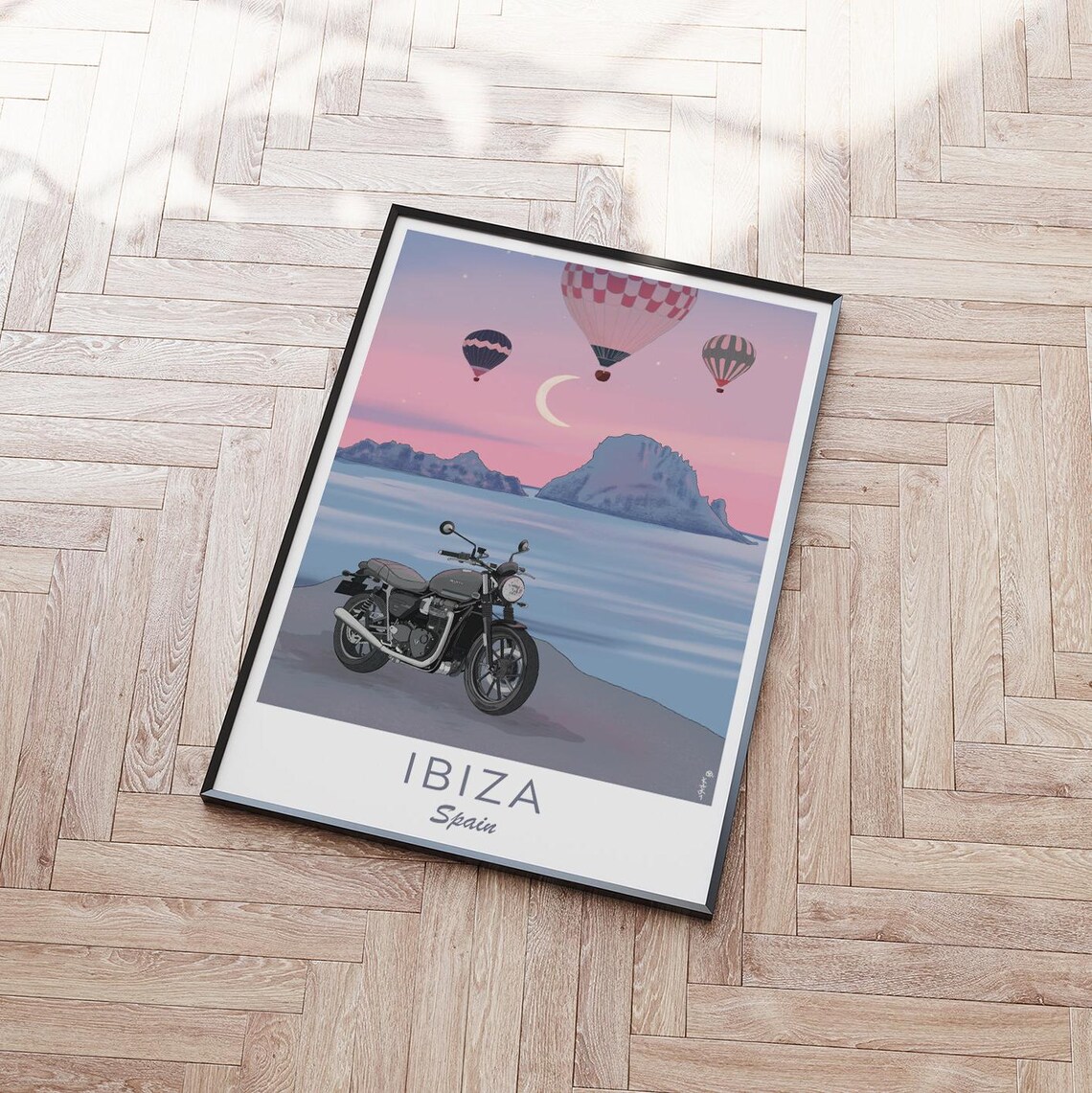 Ibiza Spain Sunset Motorcycle Beach Hot Air Balloons Moon Poster - Image 4