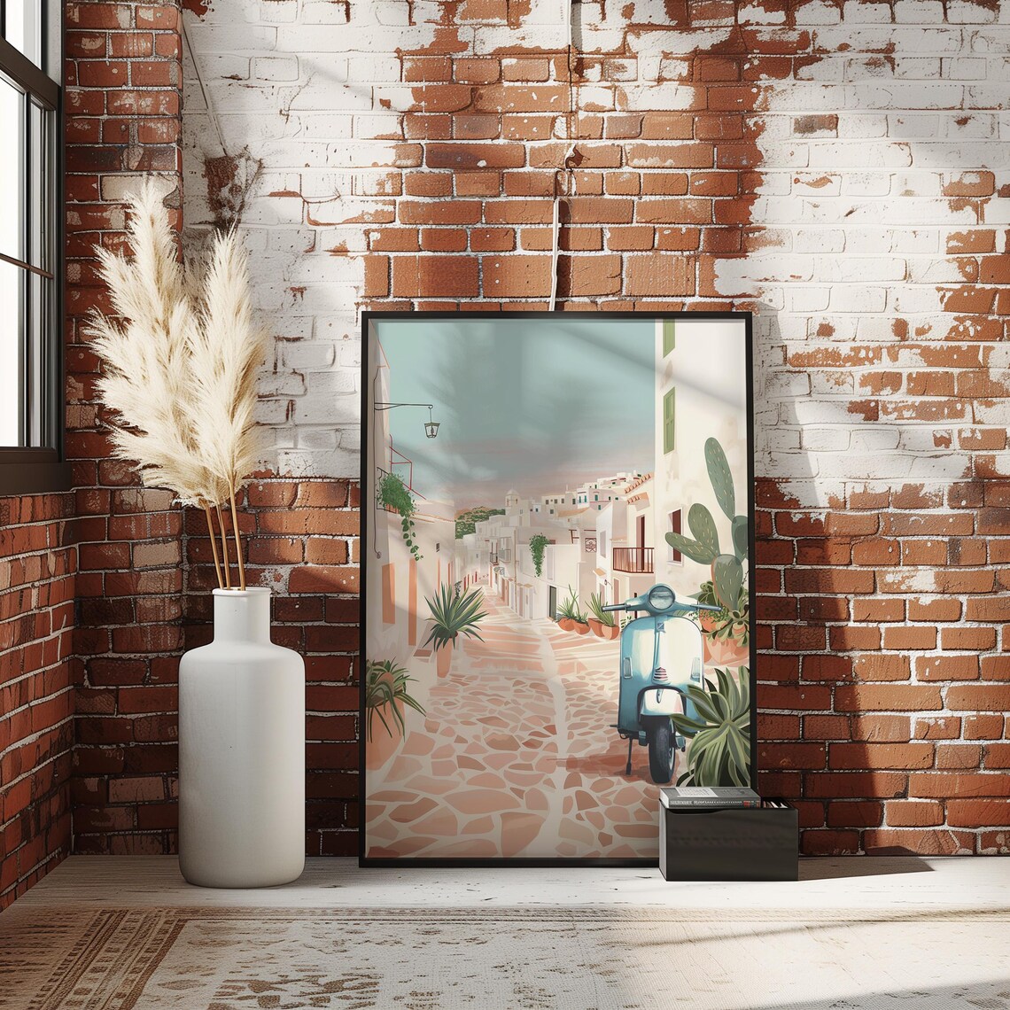 Ibiza Old Town Cobblestone Street Blue Vintage Scooter Art Poster - Image 3