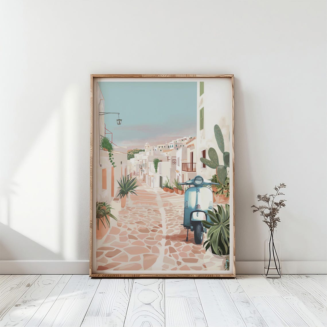 Ibiza Old Town Cobblestone Street Blue Vintage Scooter Art Poster - Image 4