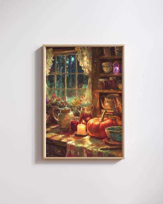 Cozy Autumn Kitchen Wall Art Warm Cottage Window With Pumpkin And Candle Rustic Home Decor Country Farmhouse Gift For Lovers
