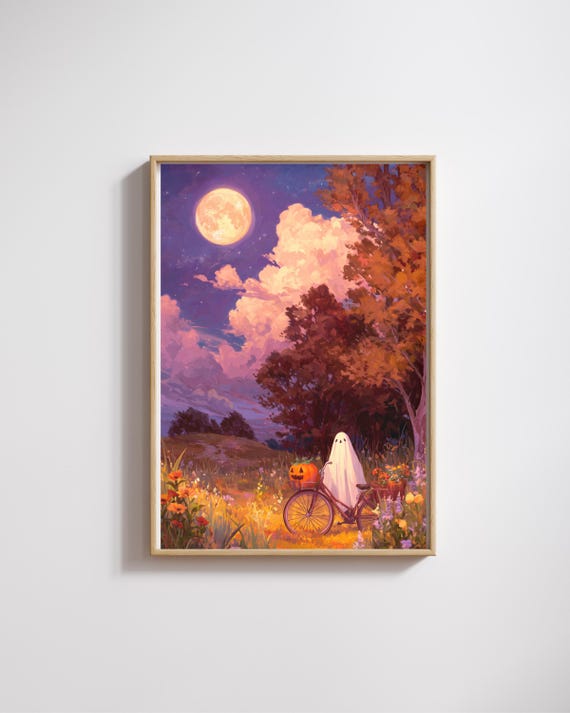 Halloween On Bicycle Wall Artcozy Fall Home Decor Posterautumn Night Printfull Moon Artspooky Gift