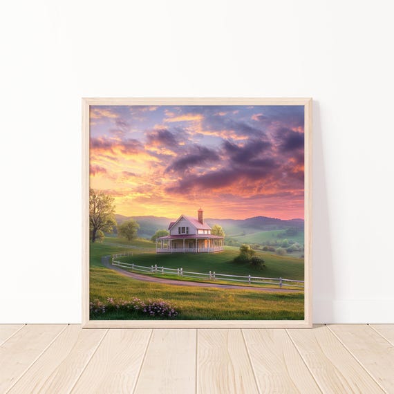 Beautiful Country House Print Rural Landscape Wall Art Serene Sunset Scenery Farmhouse Decor 20x20