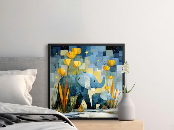 Elephant And Baby Abstract Wall Art Geometric Block Print Yellow Flowers Starry Night Maximalist Animal Poster 20x20