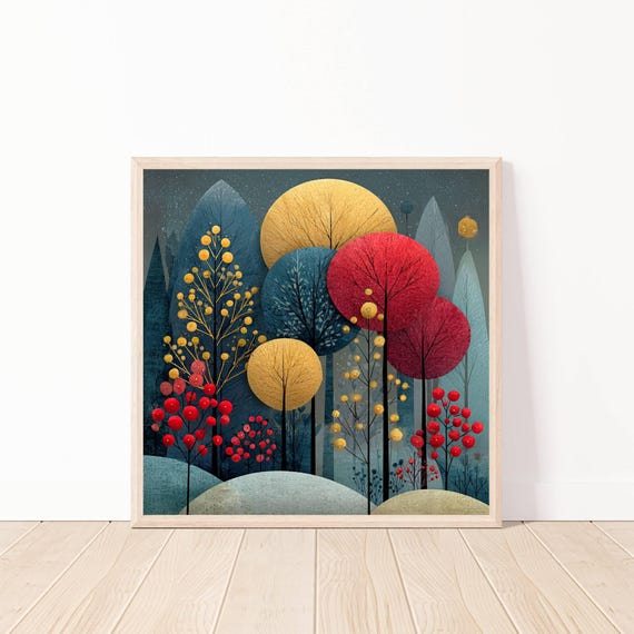Forest Art Colorful Trees Wall Landscape Illustration Abstract Tree Print Modern Home Decor 20x20