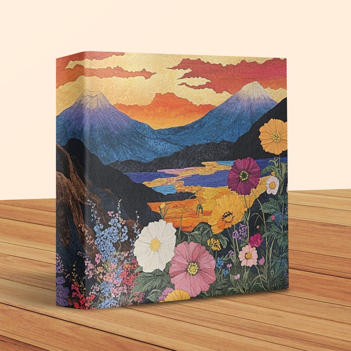 Mount Fuji Sunset With Wildflowers in Japanese Painting Style Poster - Image 2