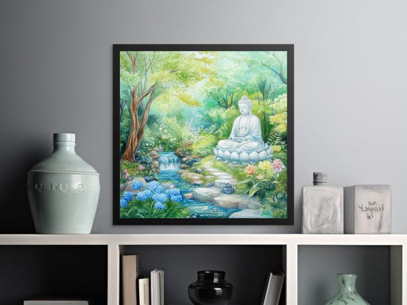 Watercolor Buddha Zen Garden Waterfall Peaceful Meditation Art Print Serene Nature Poster Minimalist Wall Art Mindful Home Decor 20x20