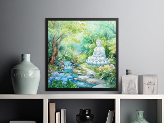 White Buddha Statue Lush Garden Waterfall Peaceful Meditation Art Poster