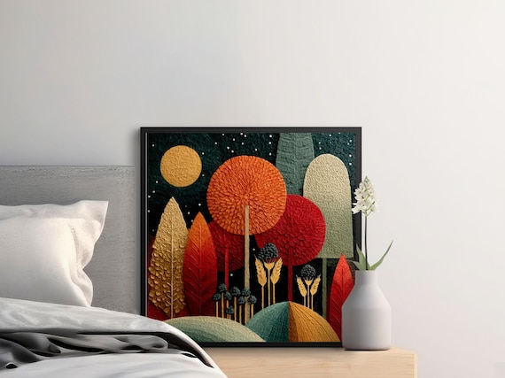 Autumn Night Forest Embroidered Moonlit Trees Landscape Poster