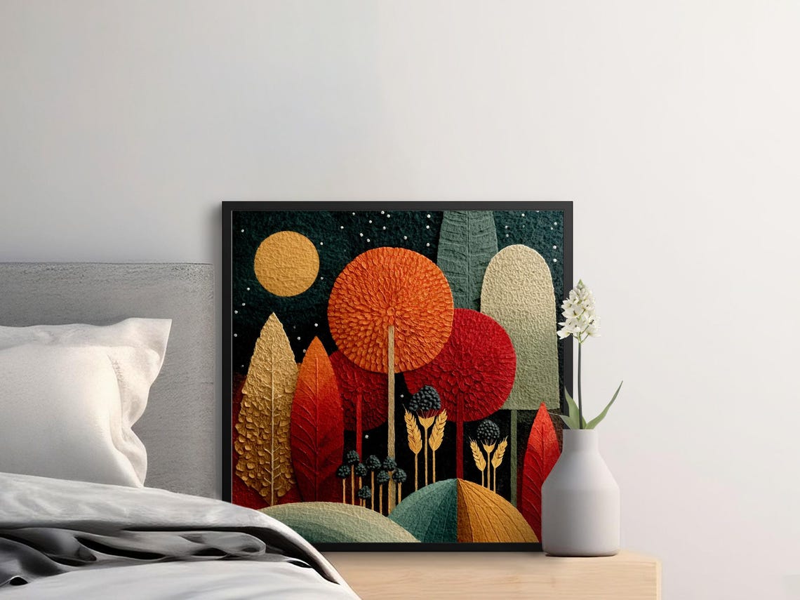 Autumn Night Forest Embroidered Moonlit Trees Landscape Poster