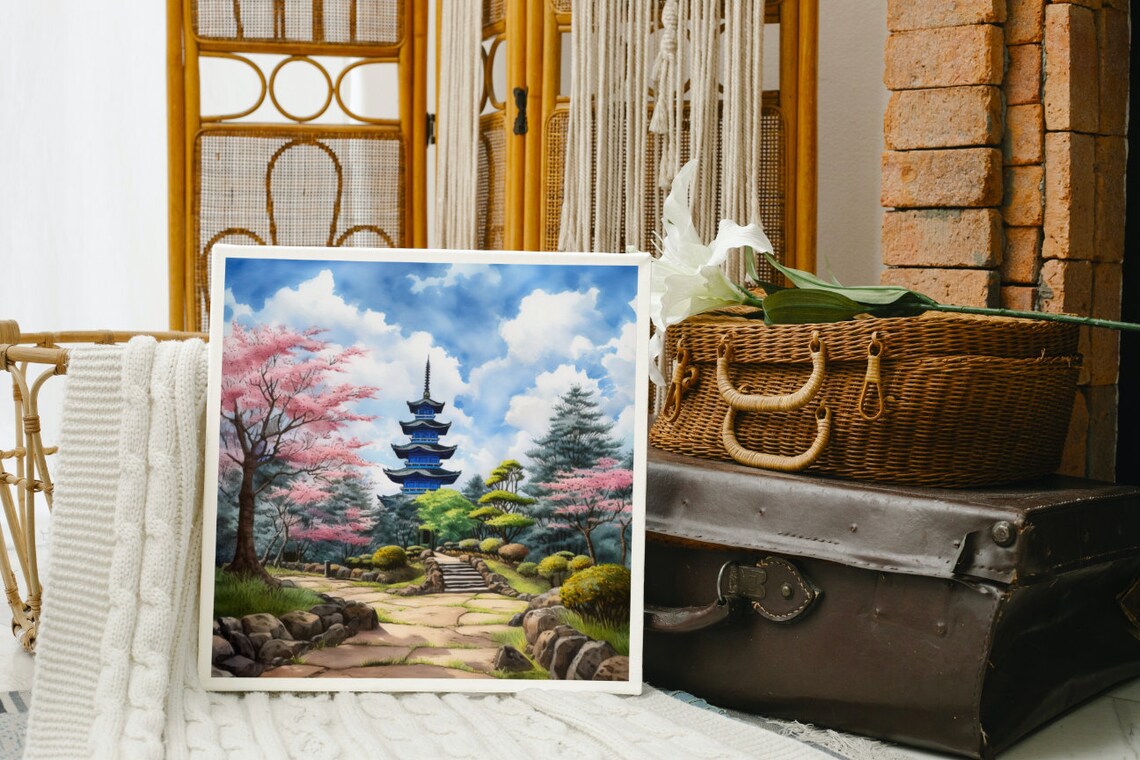 Blue Pagoda Japanese Watercolor Cherry Blossom Garden Path Poster - Image 2