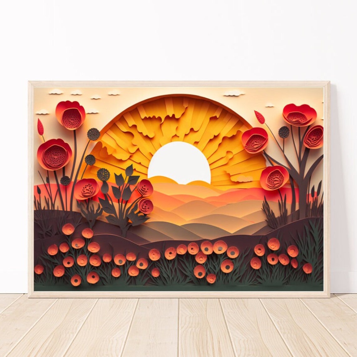Paper Quilling Sunset With Red Flowers Layered Craft Art Poster