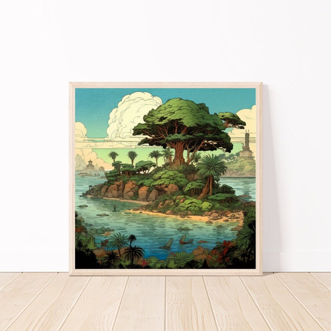 Illustrated Tropical Island Giant Tree Lighthouse Vintage Art Poster