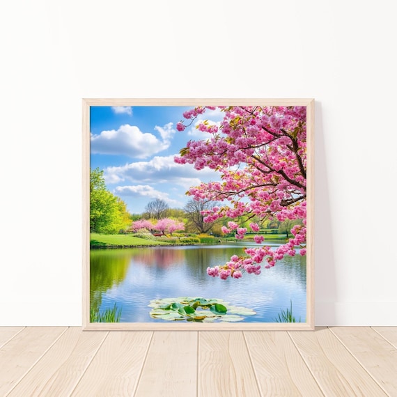 Cherry Blossom Over Tranquil Pond Spring Park Landscape Poster