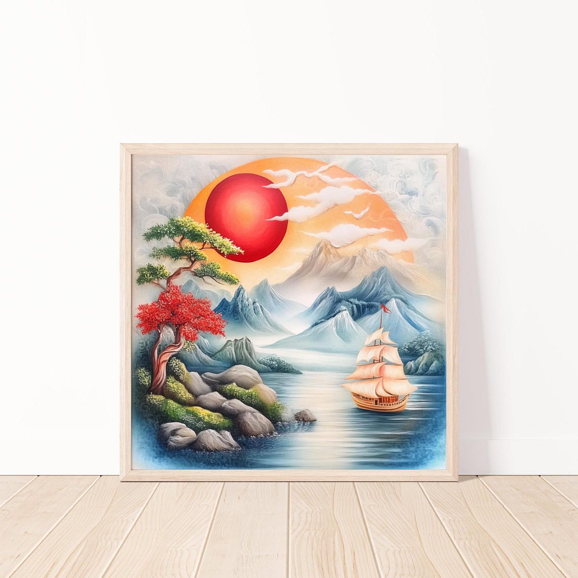 Japanese Sunrise Seascape Tall Sailing Ship Red Sun Art Poster