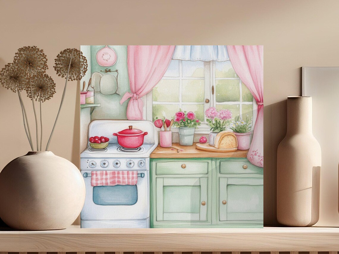 Cozy Vintage Pink Kitchen With Stove Flowers and Curtains Poster - Image 3