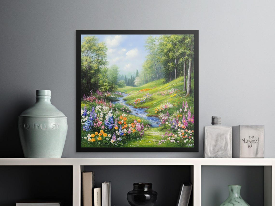 Serene Forest Stream Wildflower Meadow Lush Green Woods Nature Poster - Image 2