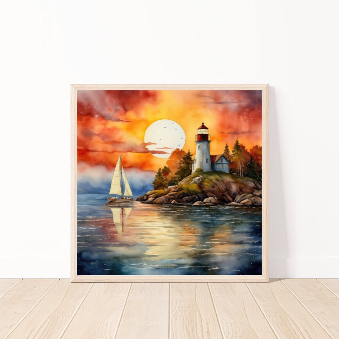 Lighthouse Sunset Sailboat Golden Hour Ocean Seascape Art Poster - Image 5