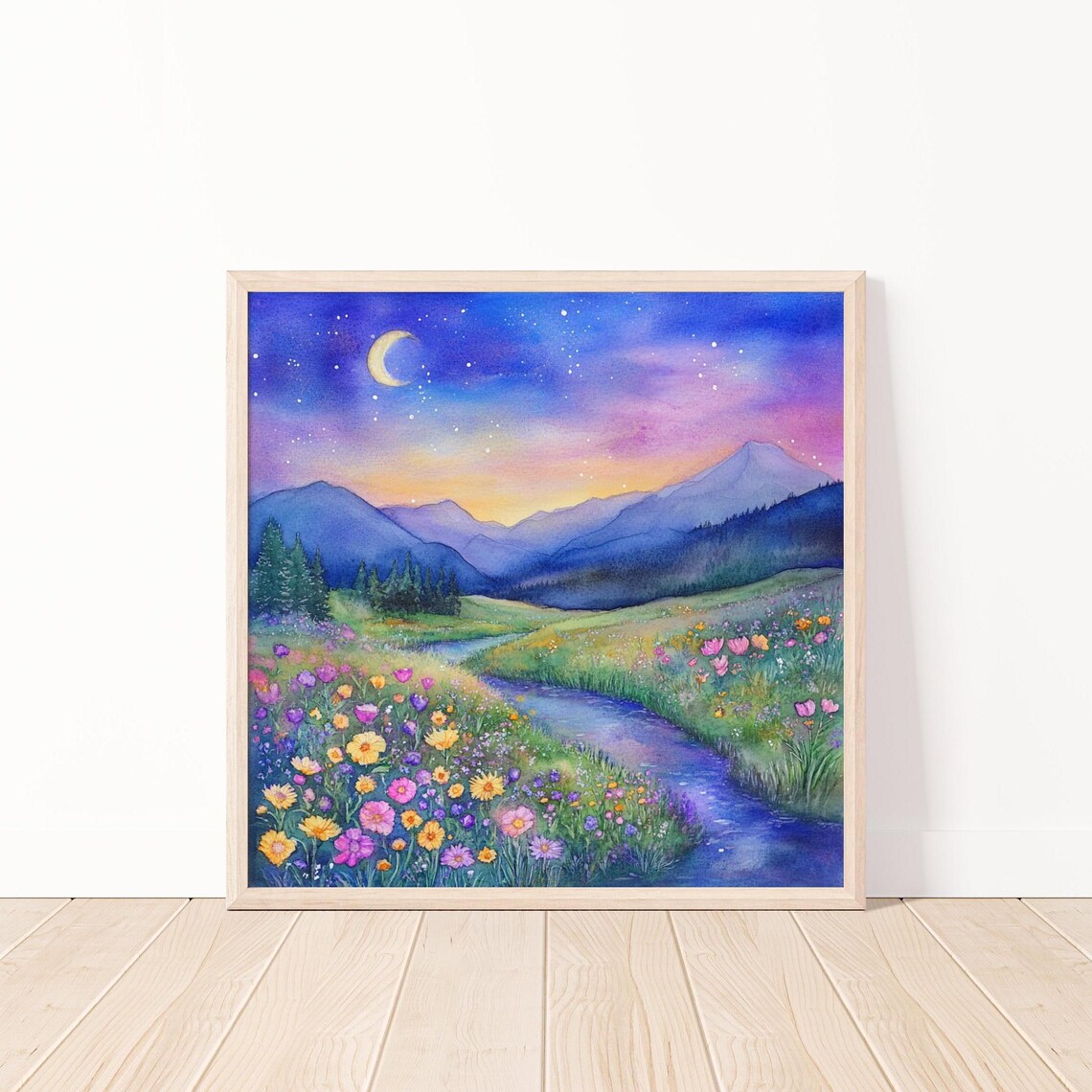 Starry Night Mountain Valley Crescent Moon Wildflower Stream Art Poster - Image 4