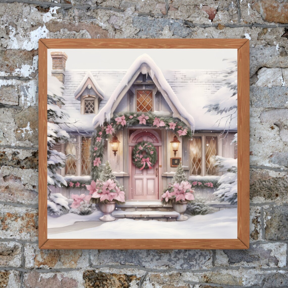 Watercolor Pink Country House at Christmas with Snow Poster Art - Image 3