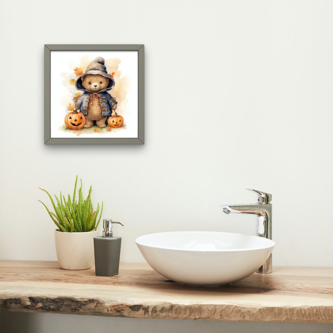 Cute Watercolor Autumn Teddy Bear with Jack O Lanterns Poster - Image 3