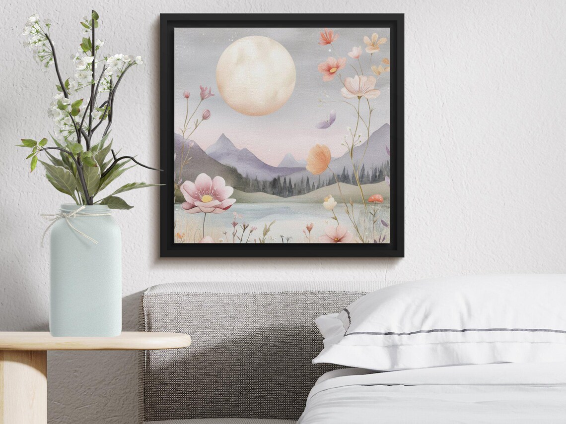 Full Moon Over a Lake With Pastel Wildflowers Watercolor Poster - Image 4