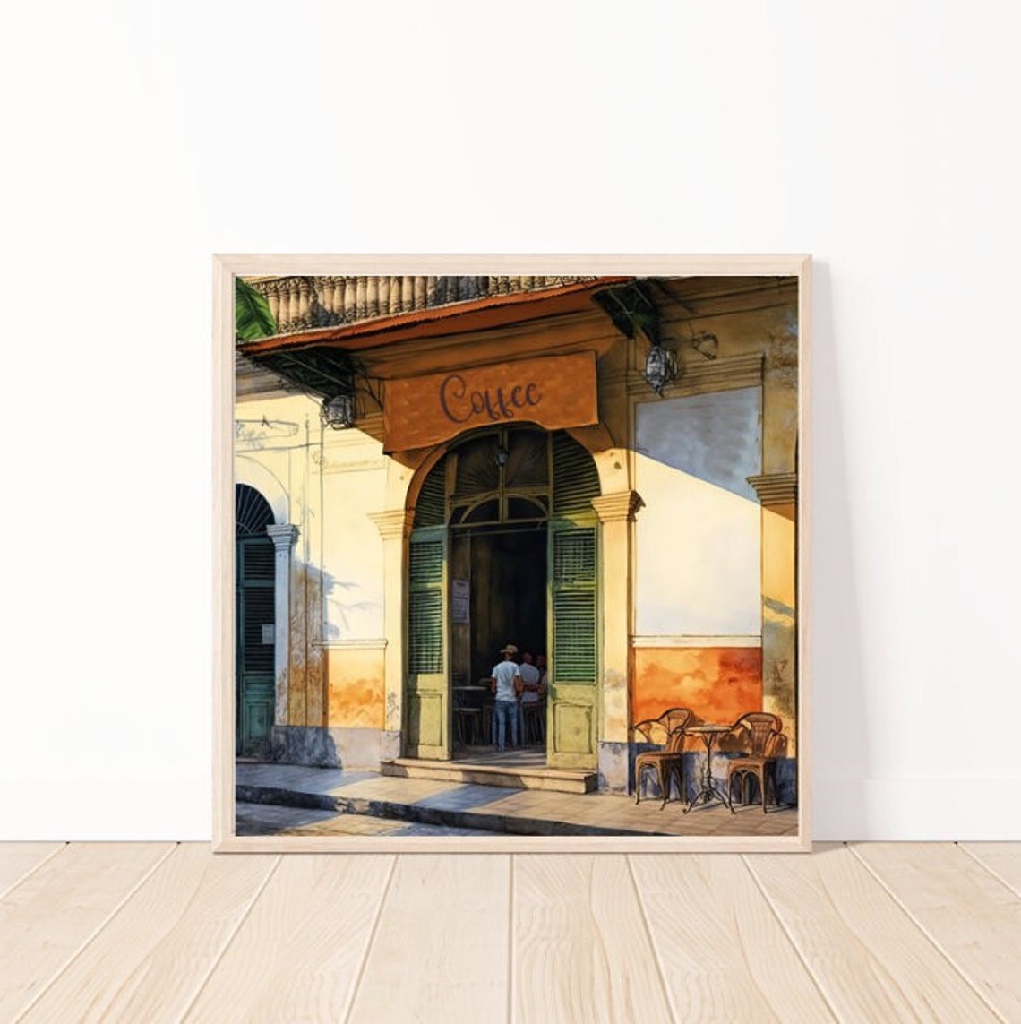 Vintage Coffee House Storefront Sunlit Colonial Street Art Poster