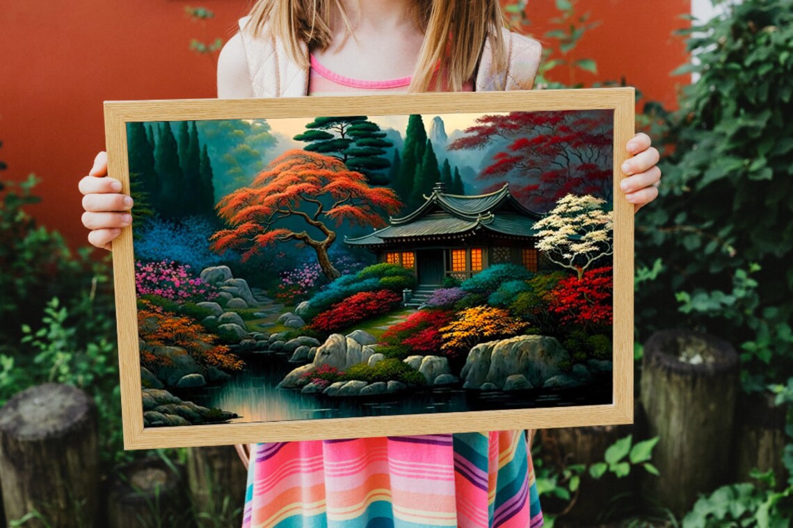Japanese Autumn Garden Tea House Maple Pond Landscape Art Poster - Image 4