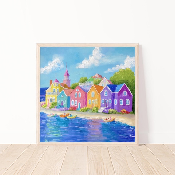 Colorful Coastal Village Rainbow Houses Harbor Boats Oil Painting Poster