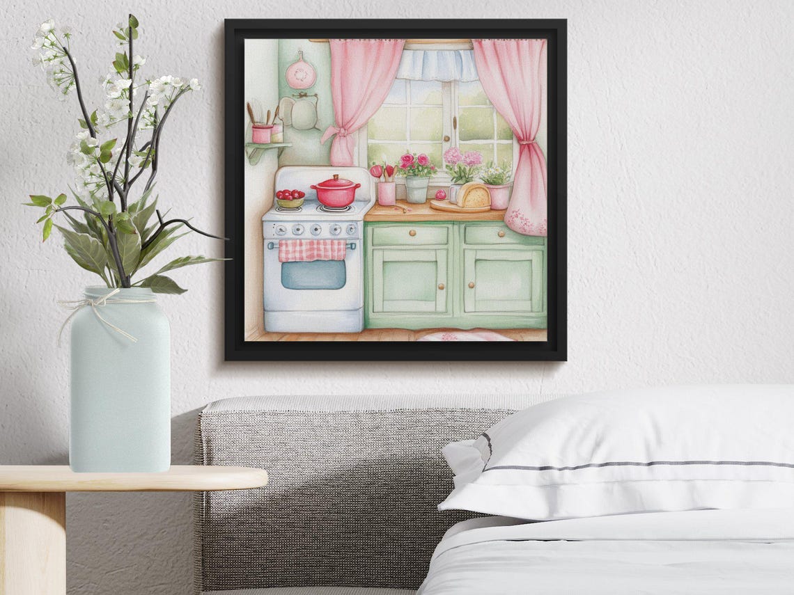 Cozy Vintage Pink Kitchen With Stove Flowers and Curtains Poster - Image 4
