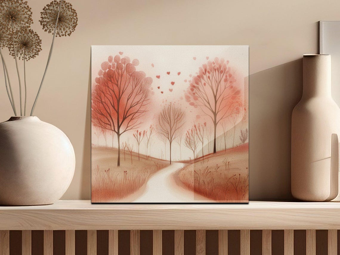 Romantic Love Trees Heart Shaped Leaves Winding Path Autumn Art Poster - Image 2