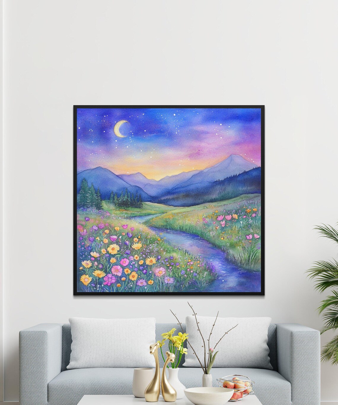 Starry Night Mountain Valley Crescent Moon Wildflower Stream Art Poster - Image 3
