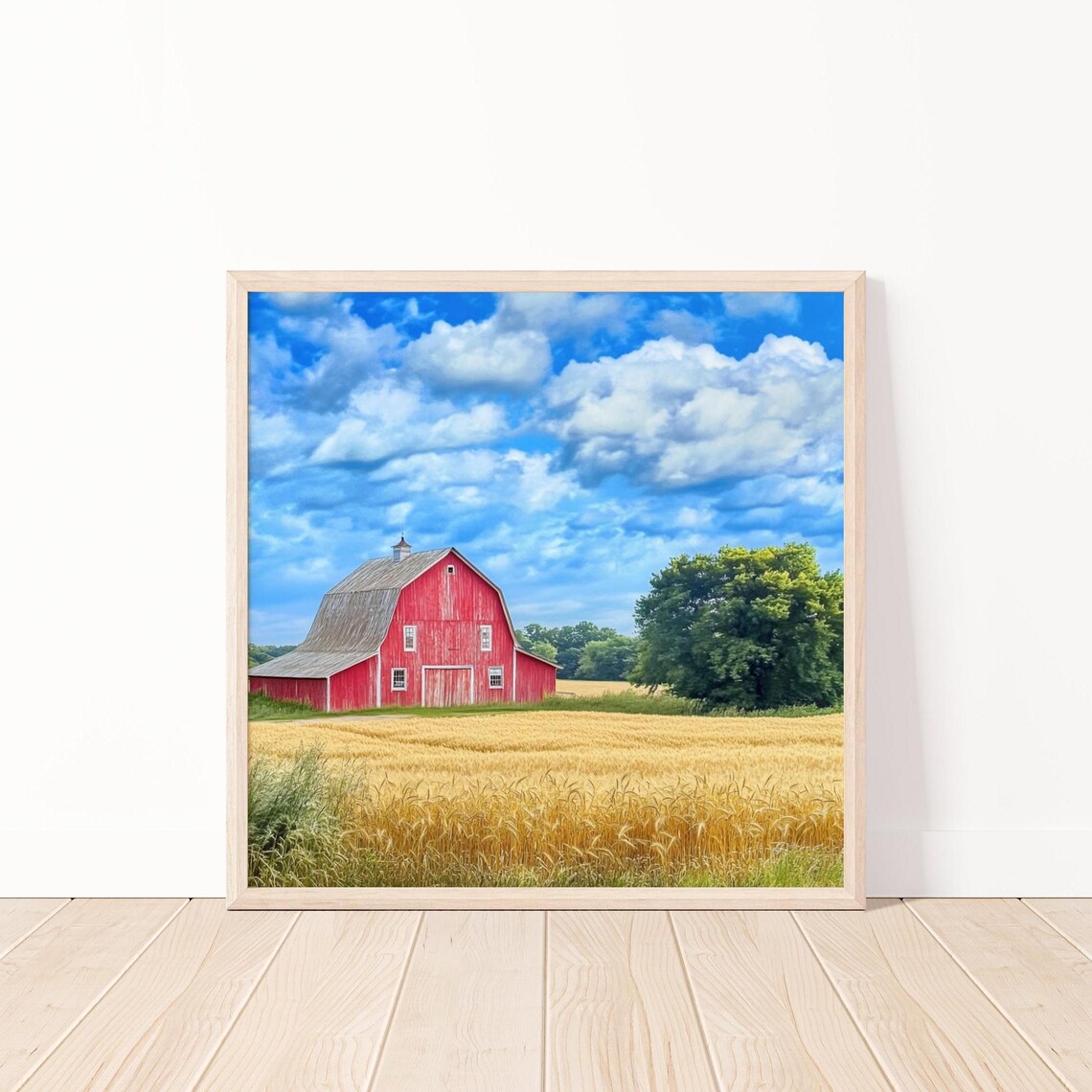 Red Barn in Golden Wheat Field Summer Farm Country Photography Poster